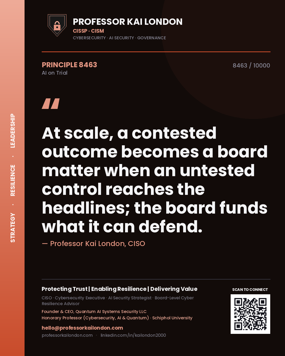 Professor Kai London principle 8463: At scale, a contested outcome becomes a board matter when an untested control reaches the headlines; the board funds what it can defend.