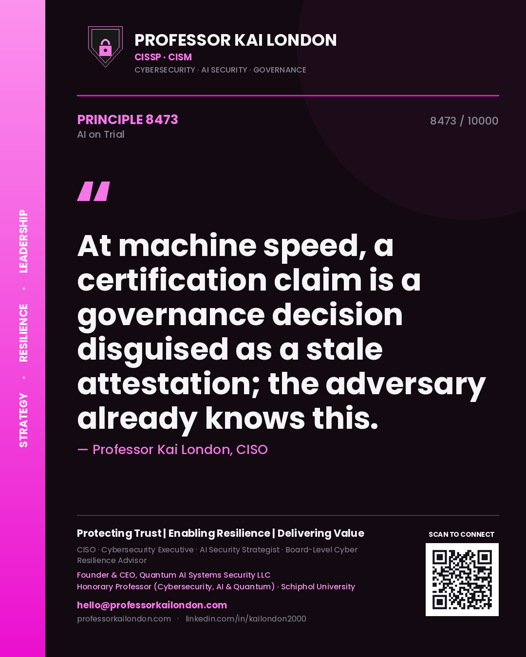 Professor Kai London principle 8473: At machine speed, a certification claim is a governance decision disguised as a stale attestation; the adversary already knows this.