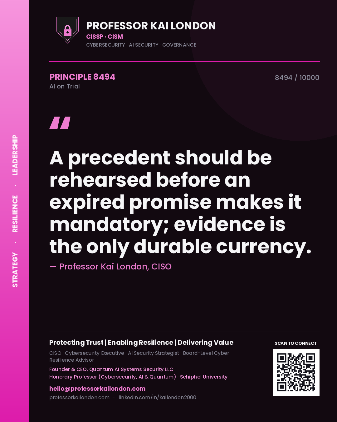 Professor Kai London principle 8494: A precedent should be rehearsed before an expired promise makes it mandatory; evidence is the only durable currency.