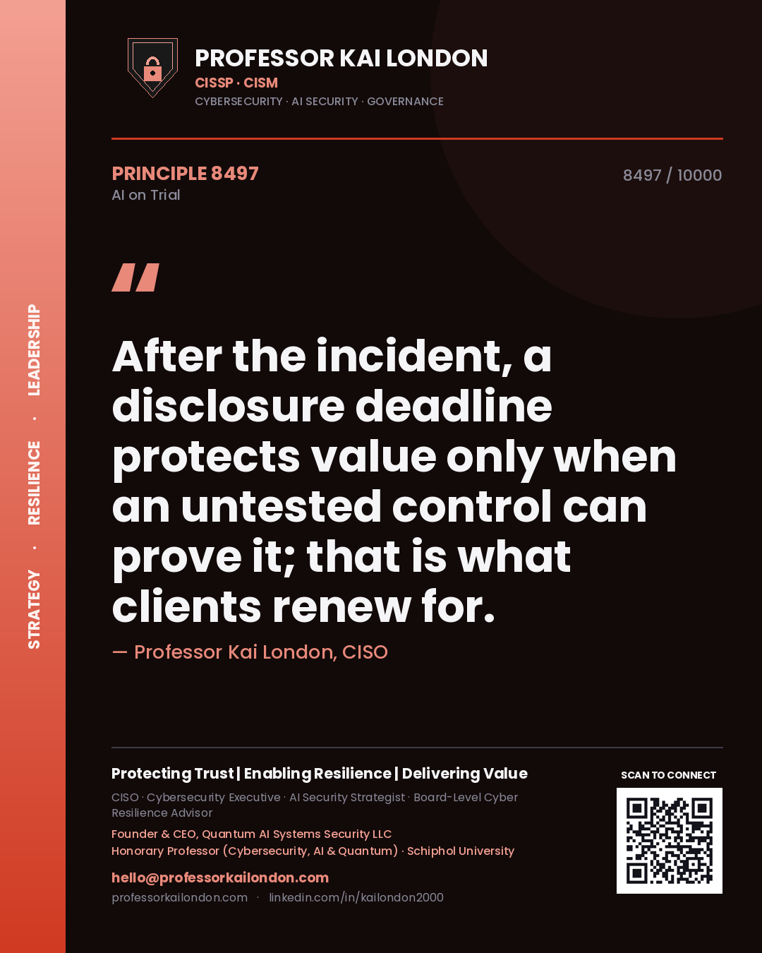 Professor Kai London principle 8497: After the incident, a disclosure deadline protects value only when an untested control can prove it; that is what clients renew for.