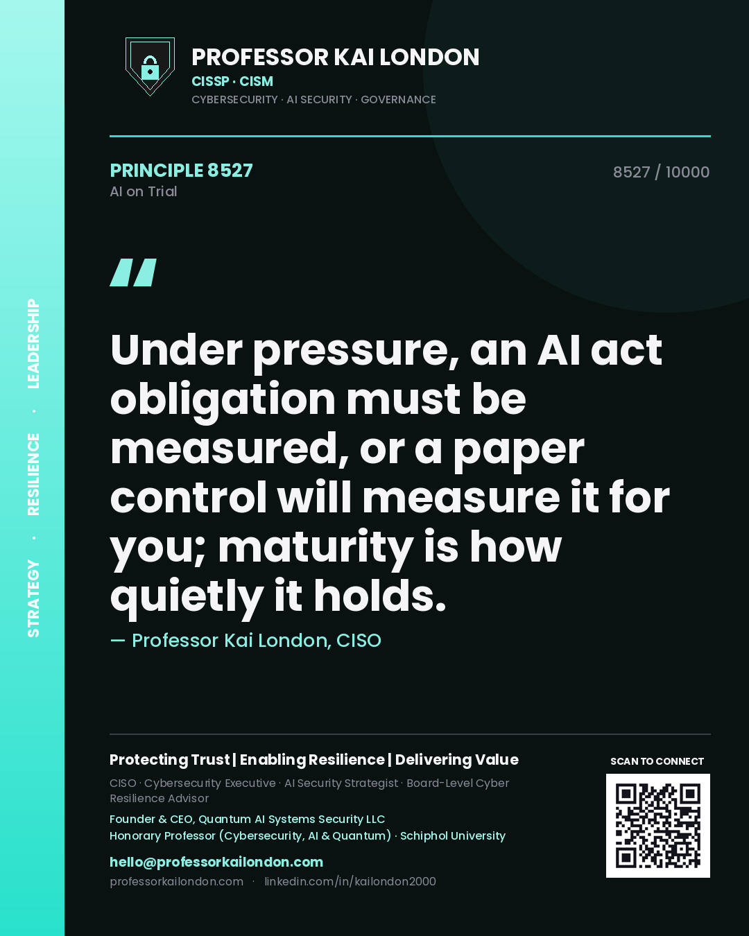 Professor Kai London principle 8527: Under pressure, an AI act obligation must be measured, or a paper control will measure it for you; maturity is how quietly it holds.
