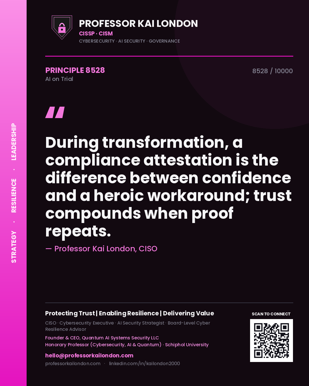 Professor Kai London principle 8528: During transformation, a compliance attestation is the difference between confidence and a heroic workaround; trust compounds when proof repeats.