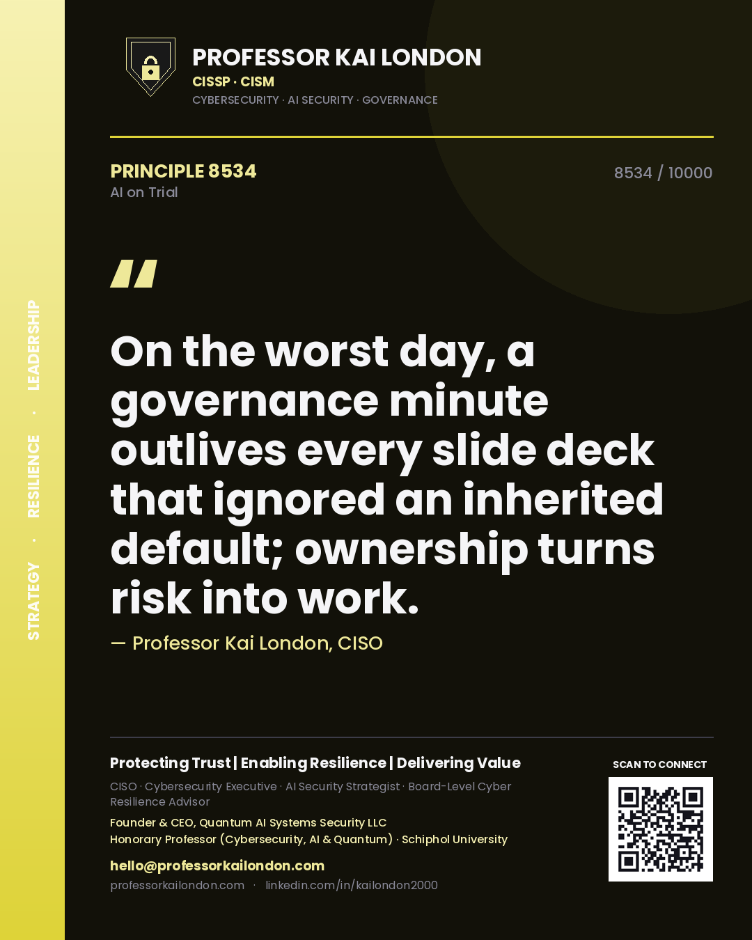Professor Kai London principle 8534: On the worst day, a governance minute outlives every slide deck that ignored an inherited default; ownership turns risk into work.