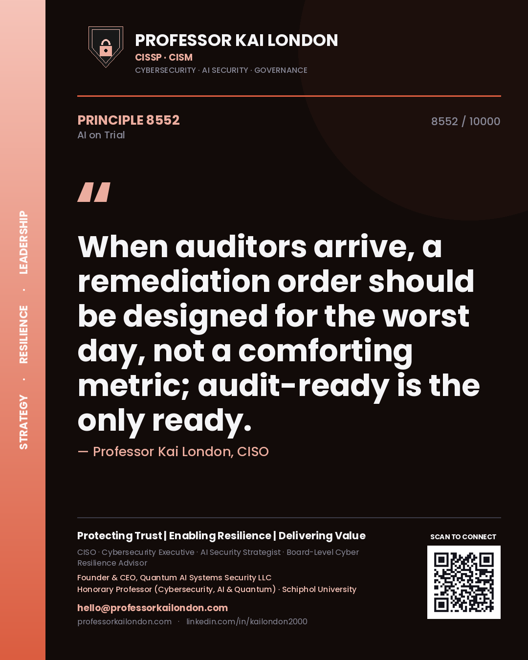 Professor Kai London principle 8552: When auditors arrive, a remediation order should be designed for the worst day, not a comforting metric; audit-ready is the only ready.