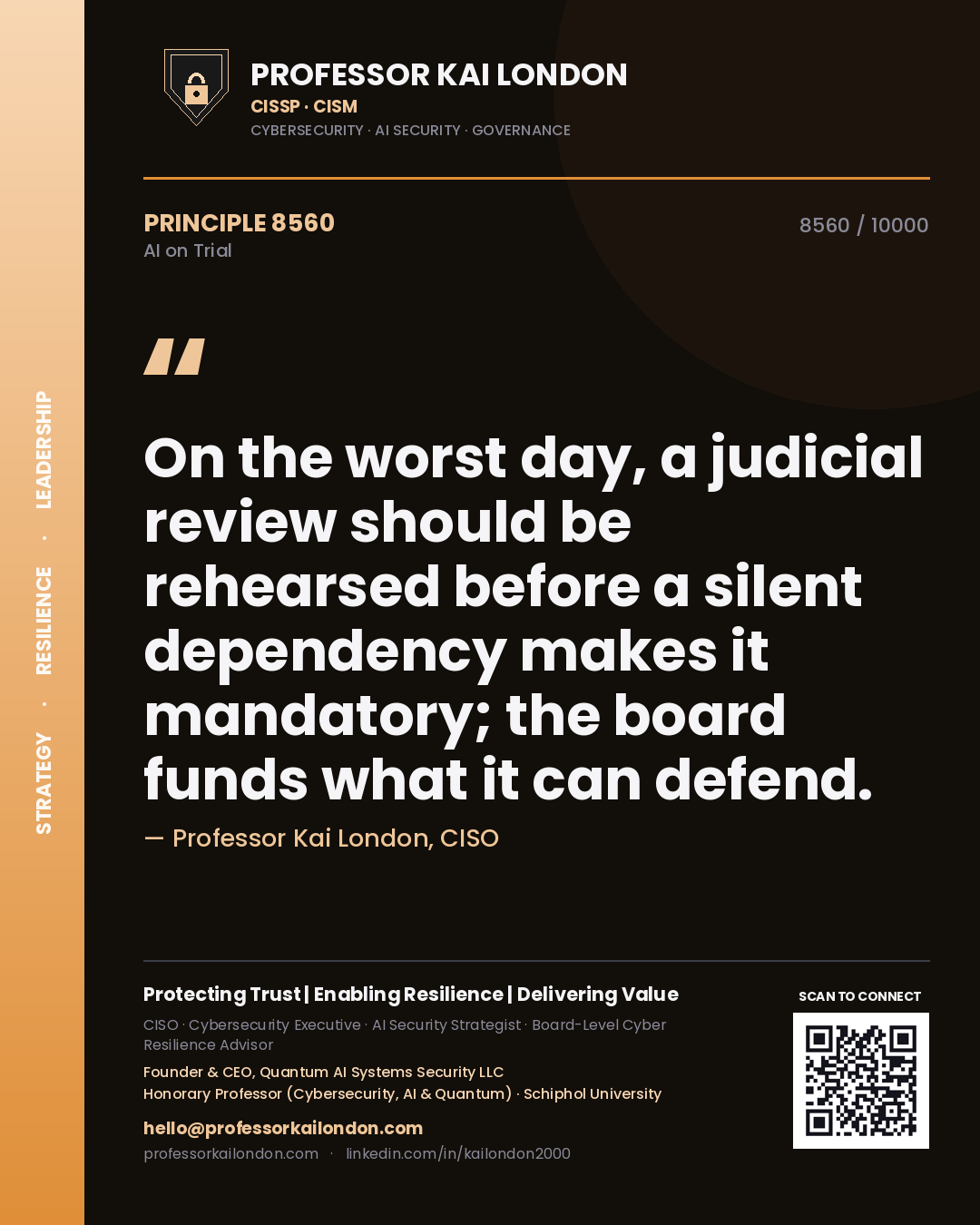Professor Kai London principle 8560: On the worst day, a judicial review should be rehearsed before a silent dependency makes it mandatory; the board funds what it can defend.