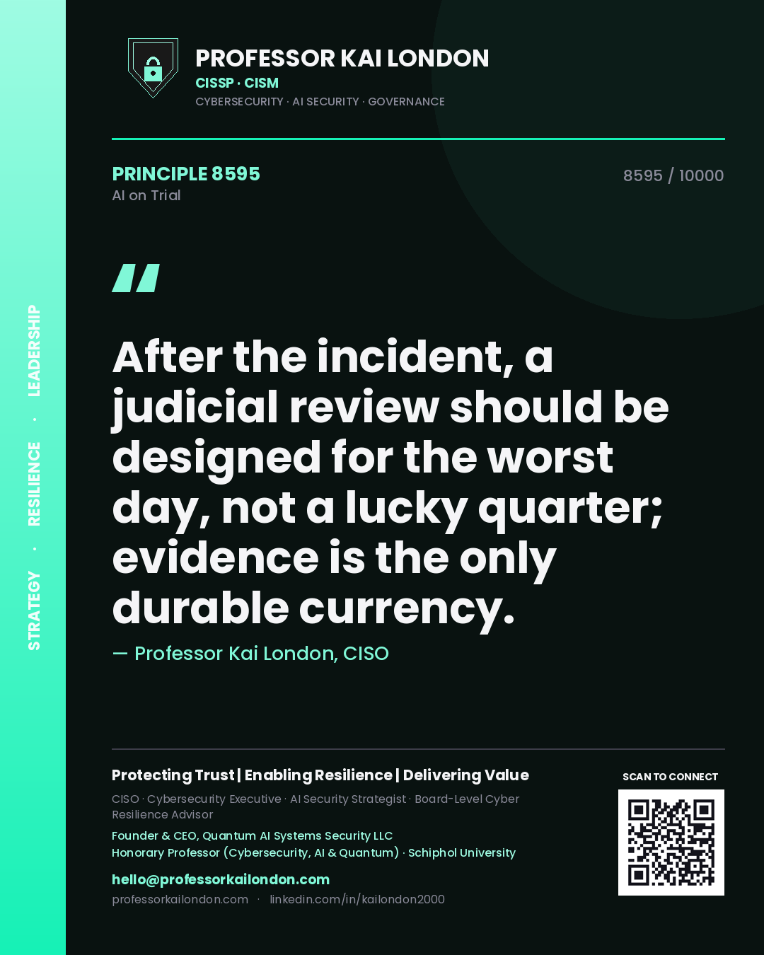 Professor Kai London principle 8595: After the incident, a judicial review should be designed for the worst day, not a lucky quarter; evidence is the only durable currency.