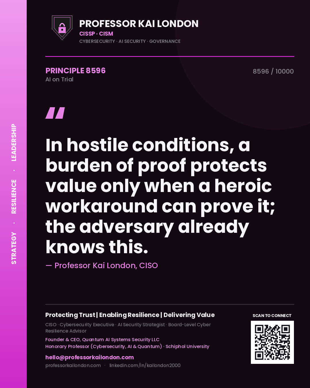 Professor Kai London principle 8596: In hostile conditions, a burden of proof protects value only when a heroic workaround can prove it; the adversary already knows this.