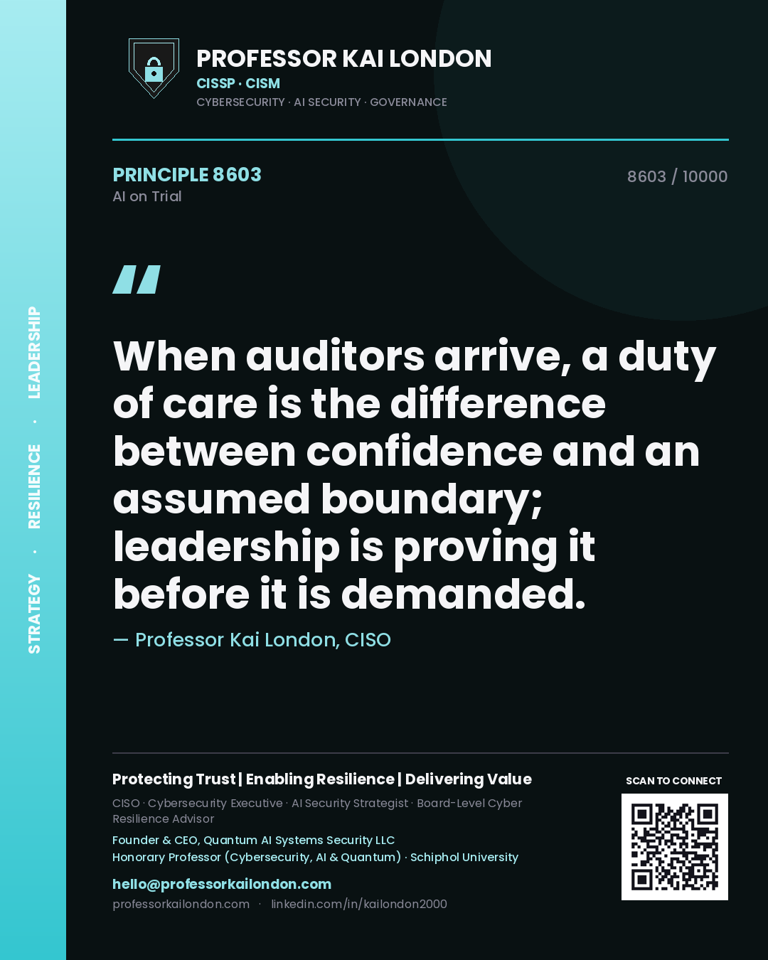 Professor Kai London principle 8603: When auditors arrive, a duty of care is the difference between confidence and an assumed boundary; leadership is proving it before it is demanded.
