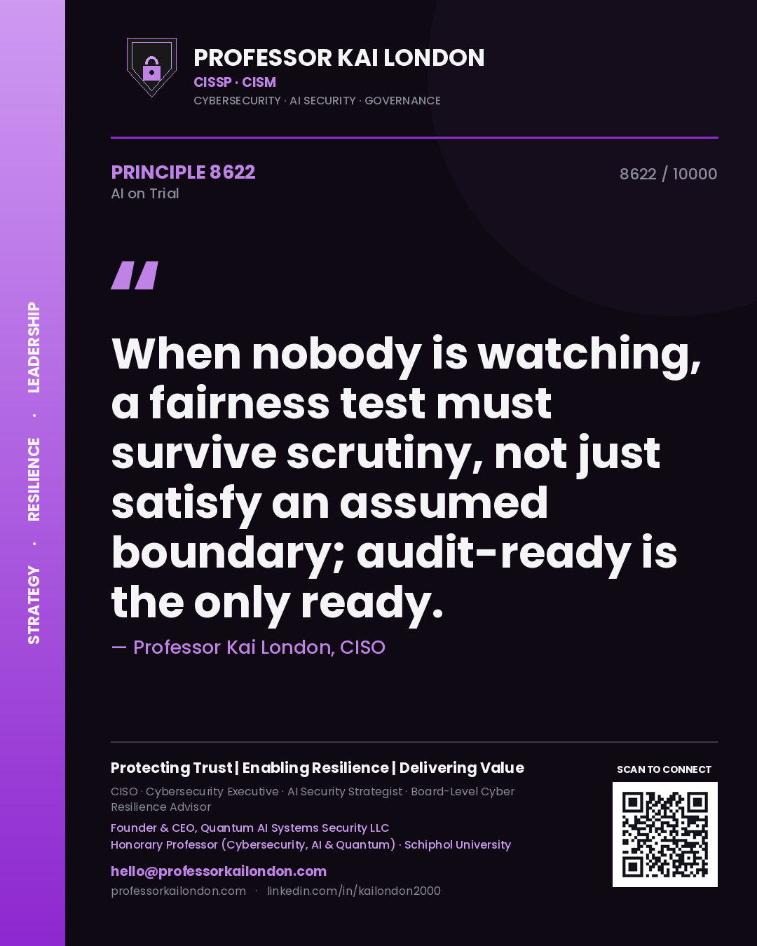 Professor Kai London principle 8622: When nobody is watching, a fairness test must survive scrutiny, not just satisfy an assumed boundary; audit-ready is the only ready.
