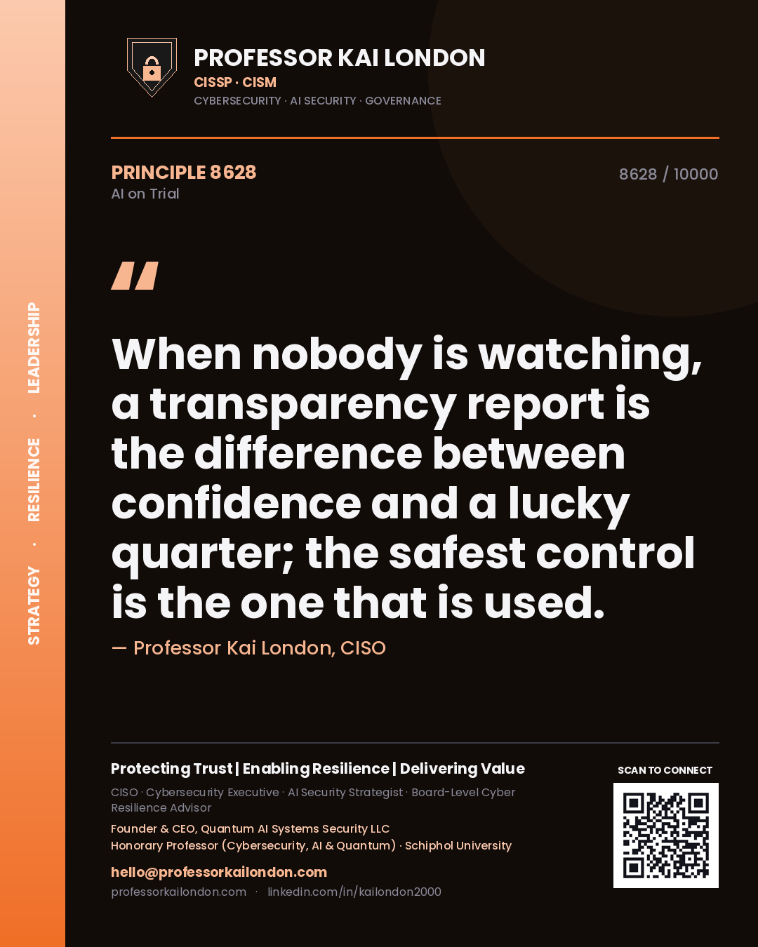 Professor Kai London principle 8628: When nobody is watching, a transparency report is the difference between confidence and a lucky quarter; the safest control is the one that is used.
