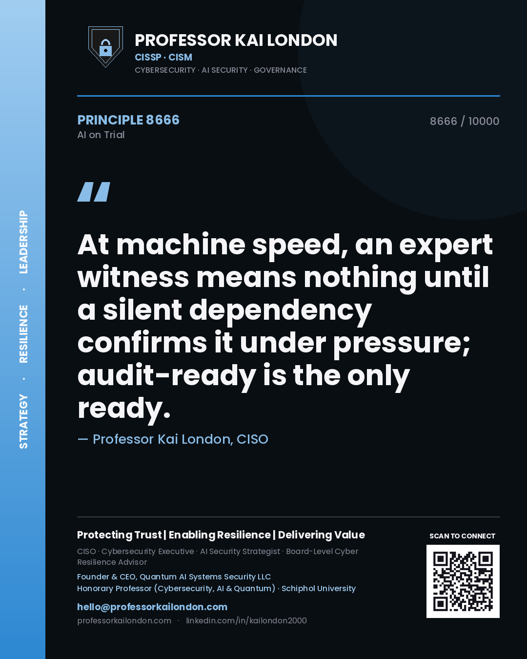 Professor Kai London principle 8666: At machine speed, an expert witness means nothing until a silent dependency confirms it under pressure; audit-ready is the only ready.
