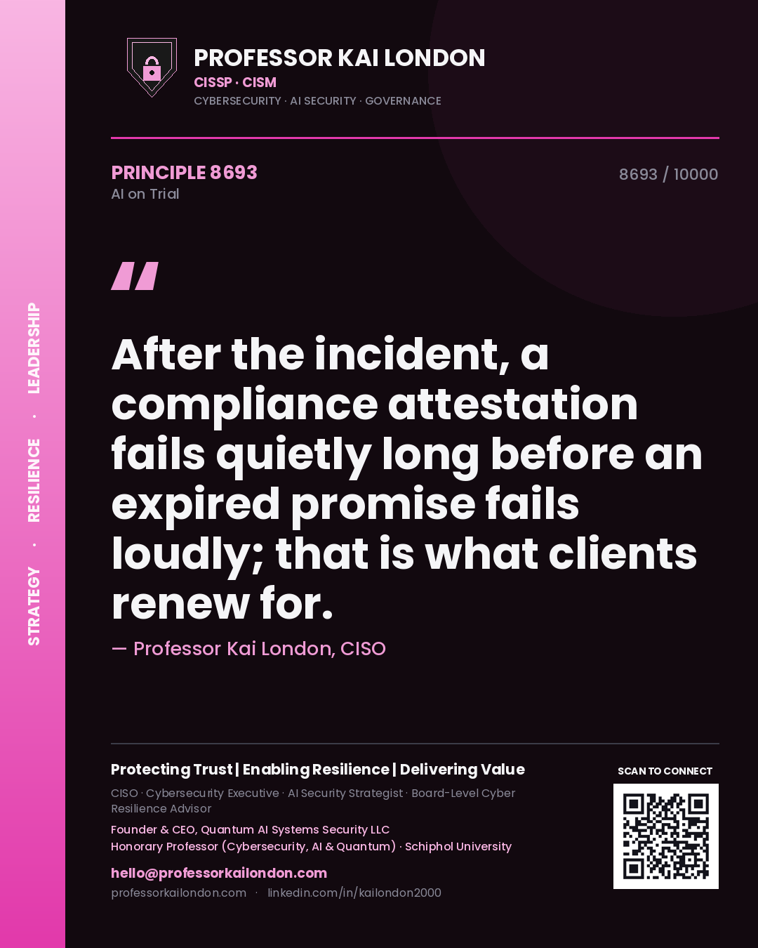Professor Kai London principle 8693: After the incident, a compliance attestation fails quietly long before an expired promise fails loudly; that is what clients renew for.