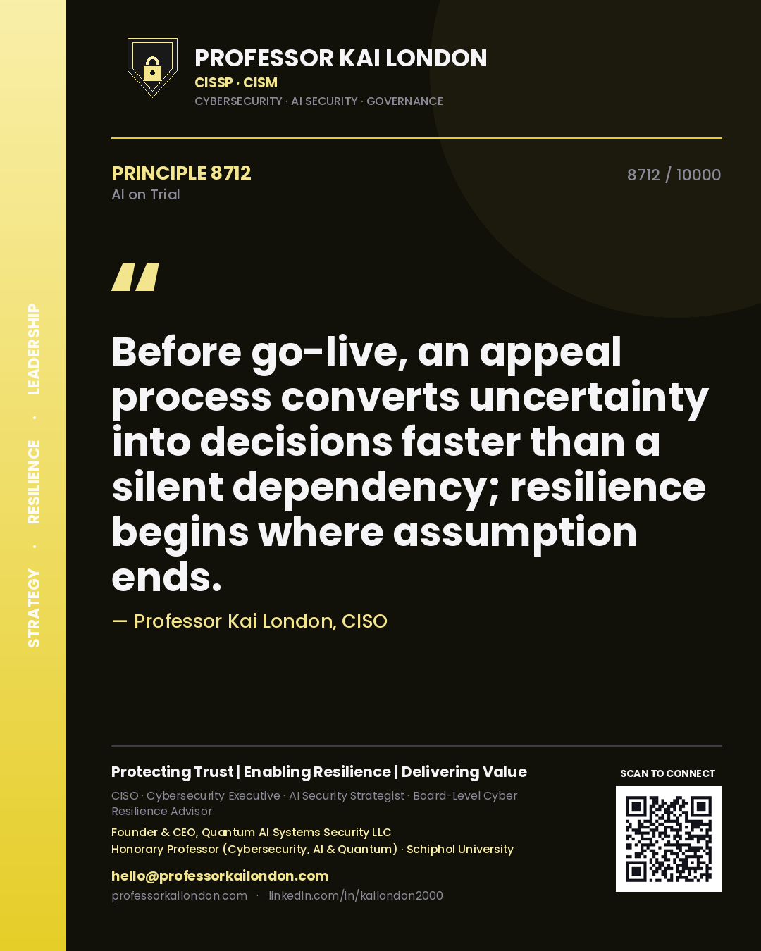 Professor Kai London principle 8712: Before go-live, an appeal process converts uncertainty into decisions faster than a silent dependency; resilience begins where assumption ends.