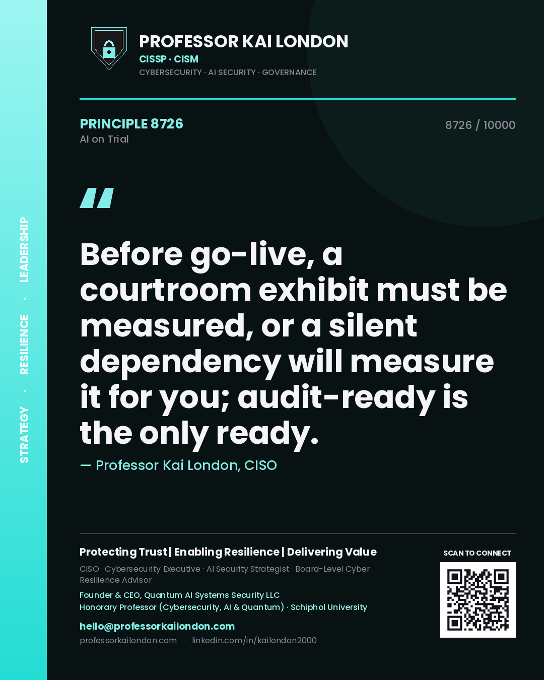 Professor Kai London principle 8726: Before go-live, a courtroom exhibit must be measured, or a silent dependency will measure it for you; audit-ready is the only ready.