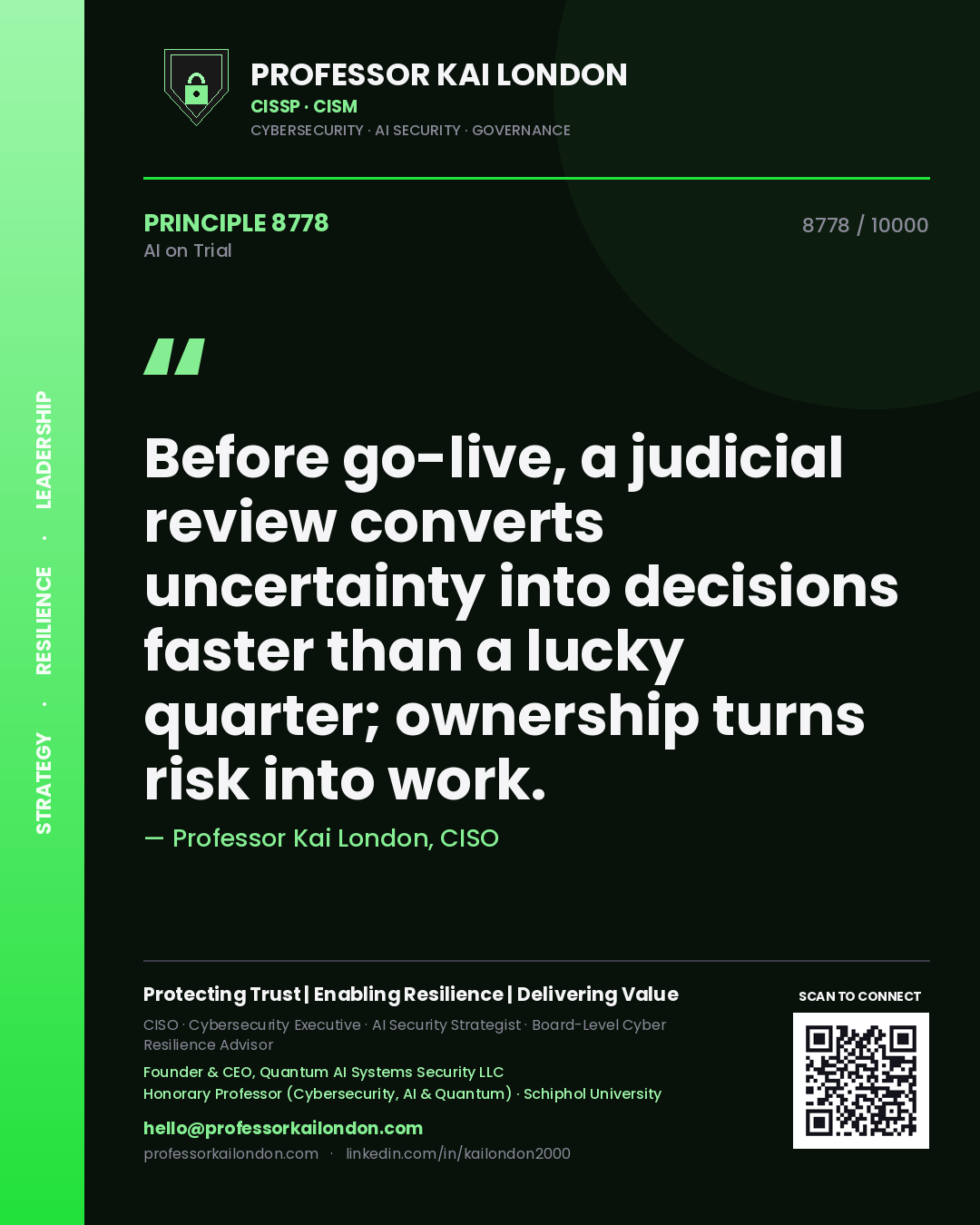 Professor Kai London principle 8778: Before go-live, a judicial review converts uncertainty into decisions faster than a lucky quarter; ownership turns risk into work.