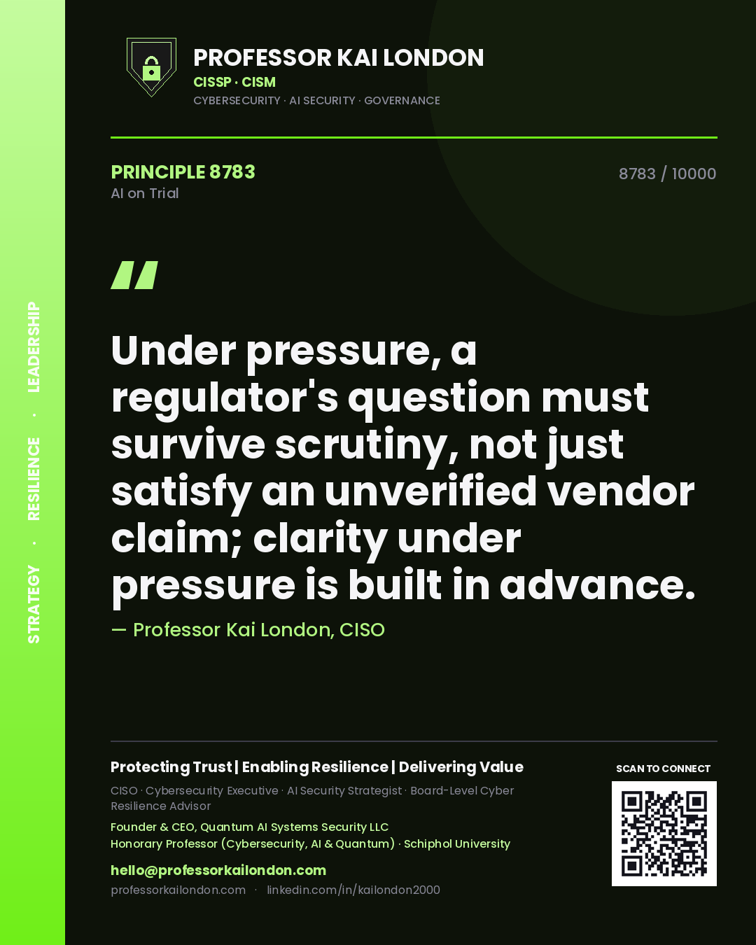 Professor Kai London principle 8783: Under pressure, a regulator's question must survive scrutiny, not just satisfy an unverified vendor claim; clarity under pressure is built in advance.