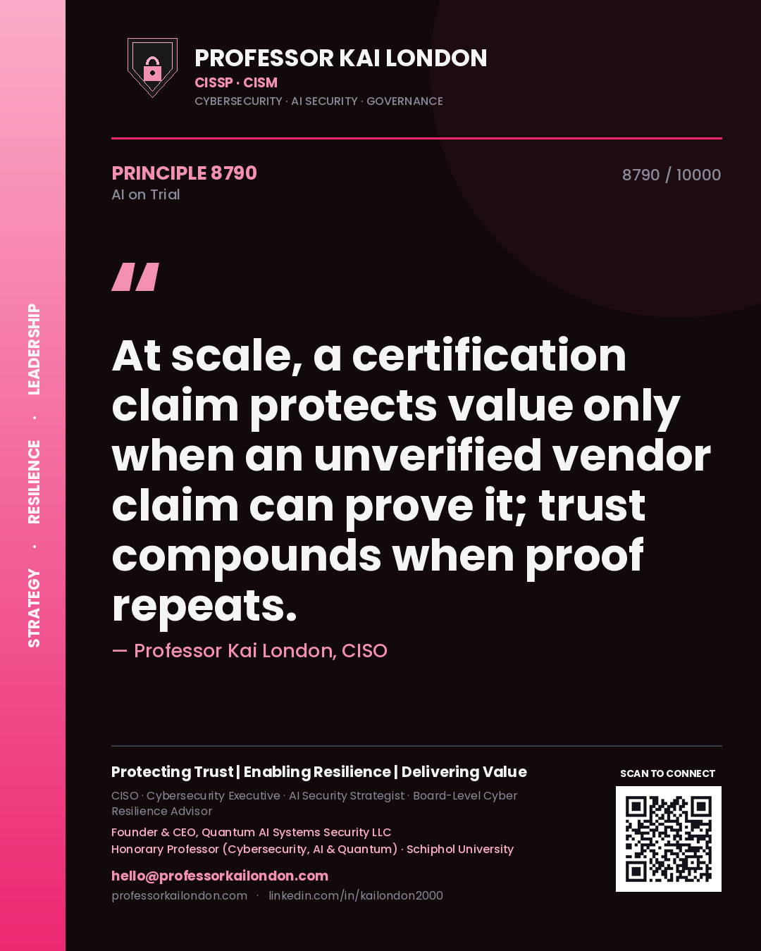 Professor Kai London principle 8790: At scale, a certification claim protects value only when an unverified vendor claim can prove it; trust compounds when proof repeats.