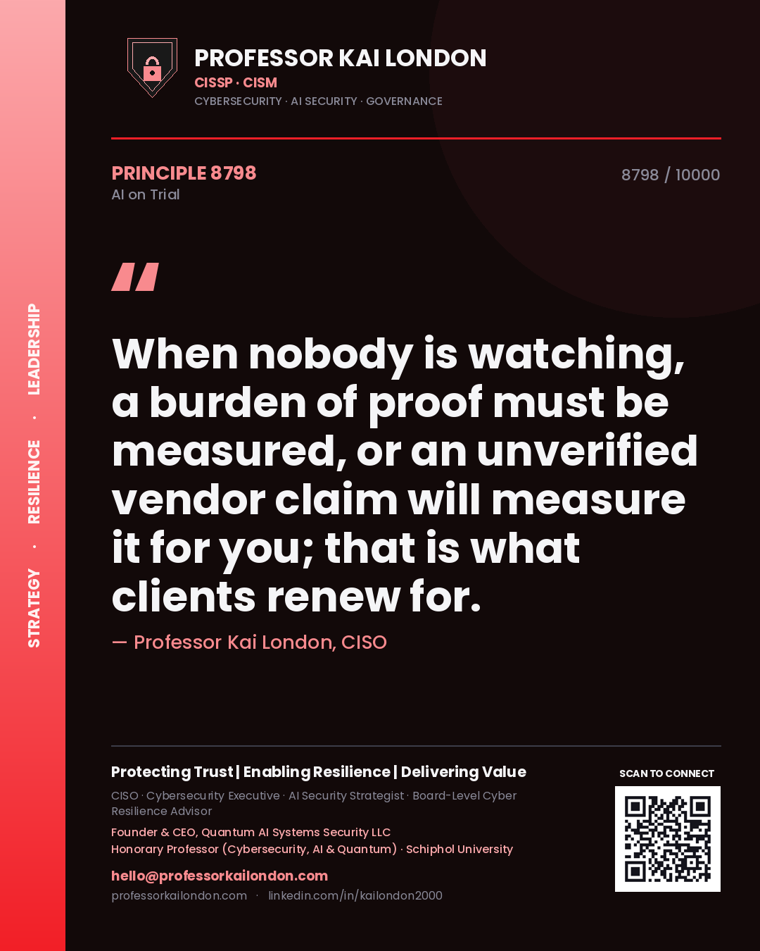 Professor Kai London principle 8798: When nobody is watching, a burden of proof must be measured, or an unverified vendor claim will measure it for you; that is what clients renew for.