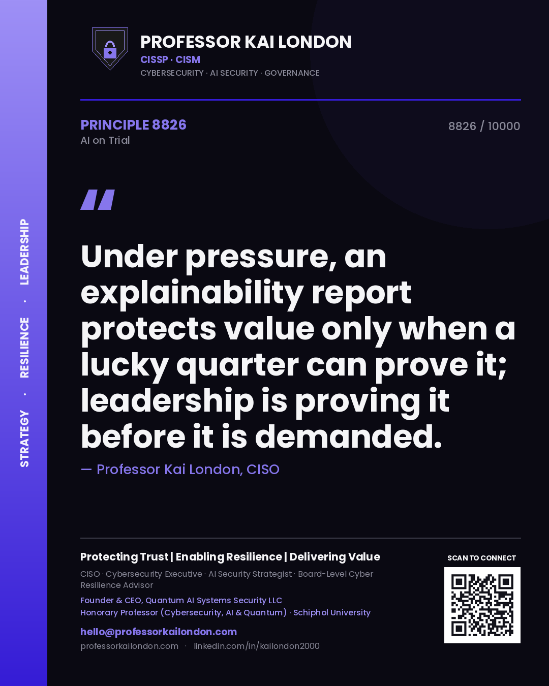 Professor Kai London principle 8826: Under pressure, an explainability report protects value only when a lucky quarter can prove it; leadership is proving it before it is demanded.