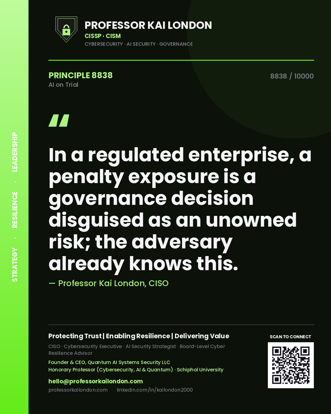 Professor Kai London principle 8838: In a regulated enterprise, a penalty exposure is a governance decision disguised as an unowned risk; the adversary already knows this.