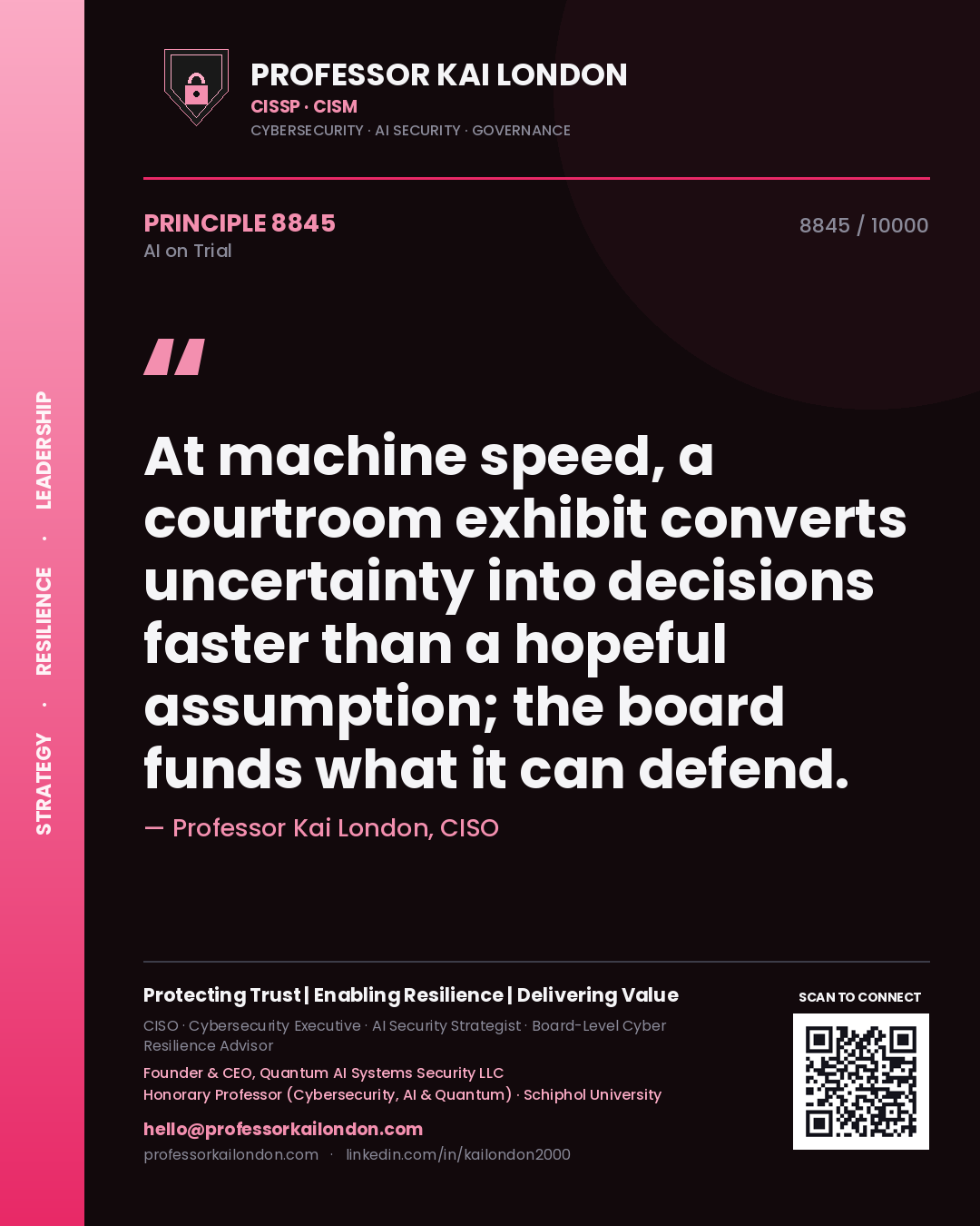 Professor Kai London principle 8845: At machine speed, a courtroom exhibit converts uncertainty into decisions faster than a hopeful assumption; the board funds what it can defend.