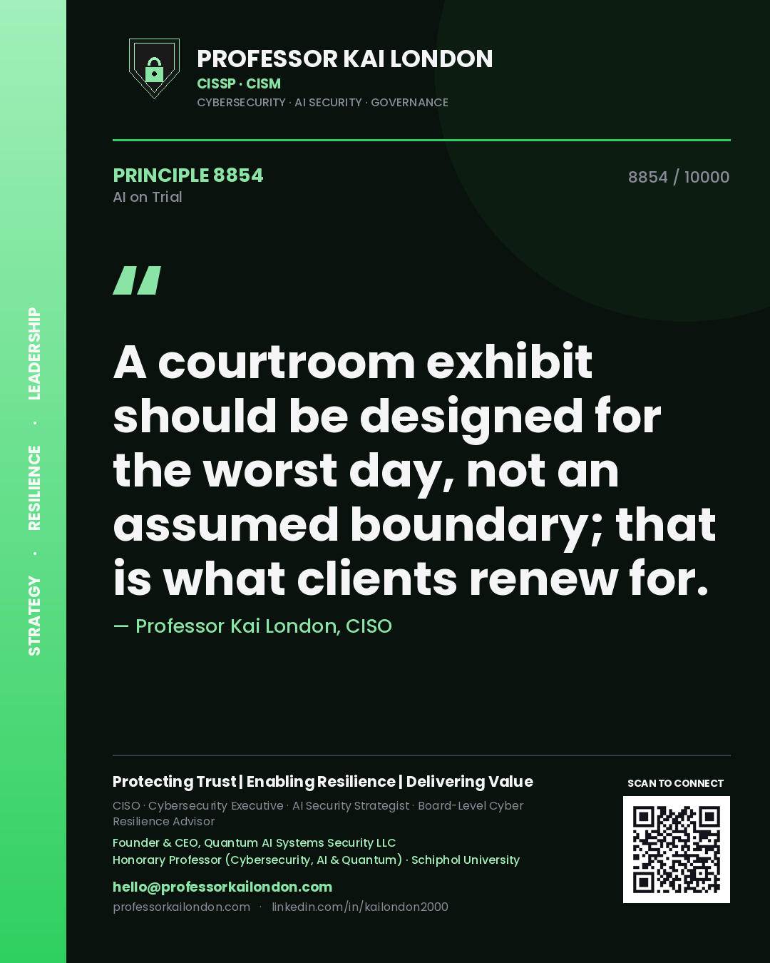 Professor Kai London principle 8854: A courtroom exhibit should be designed for the worst day, not an assumed boundary; that is what clients renew for.