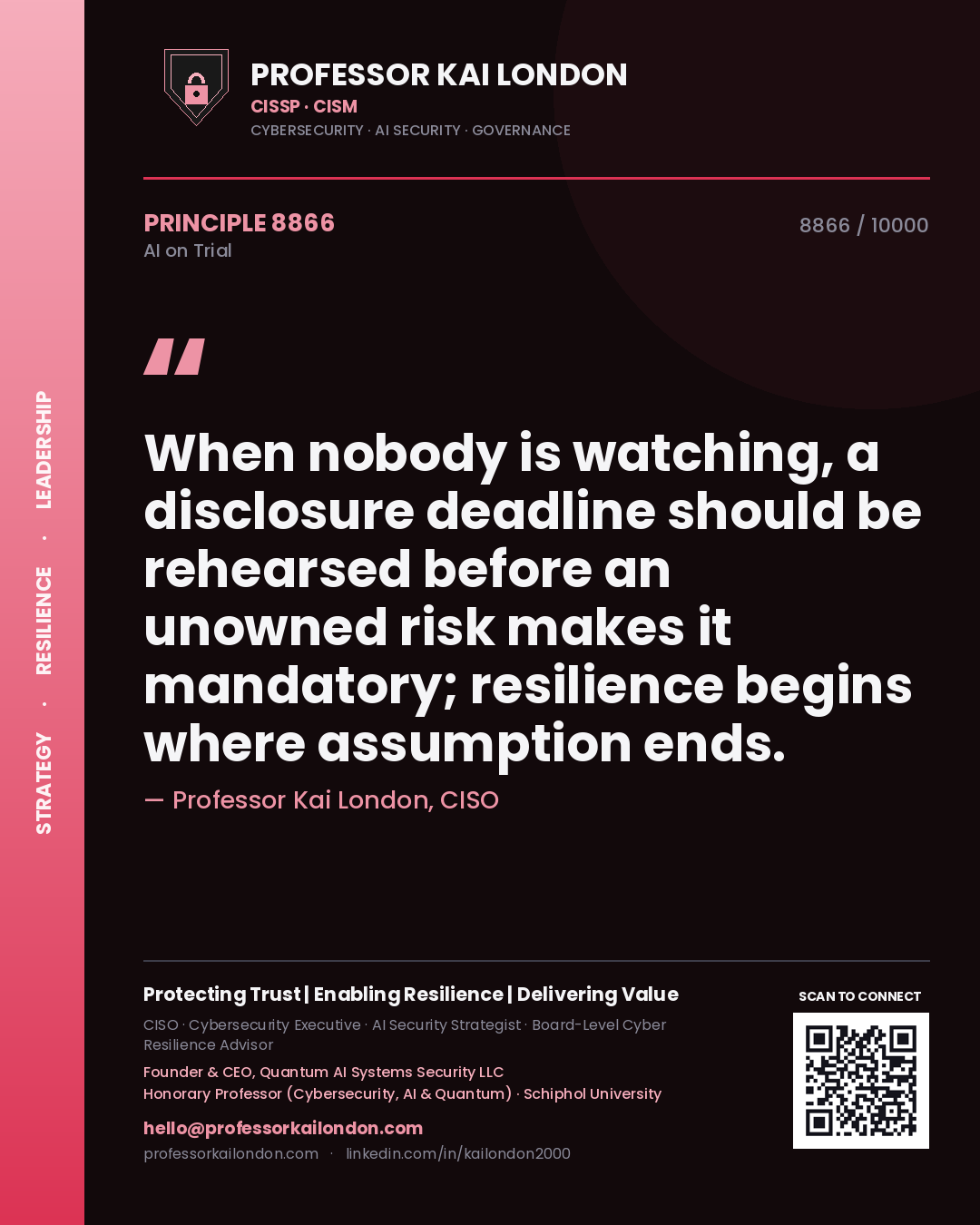 Professor Kai London principle 8866: When nobody is watching, a disclosure deadline should be rehearsed before an unowned risk makes it mandatory; resilience begins where assumption ends.