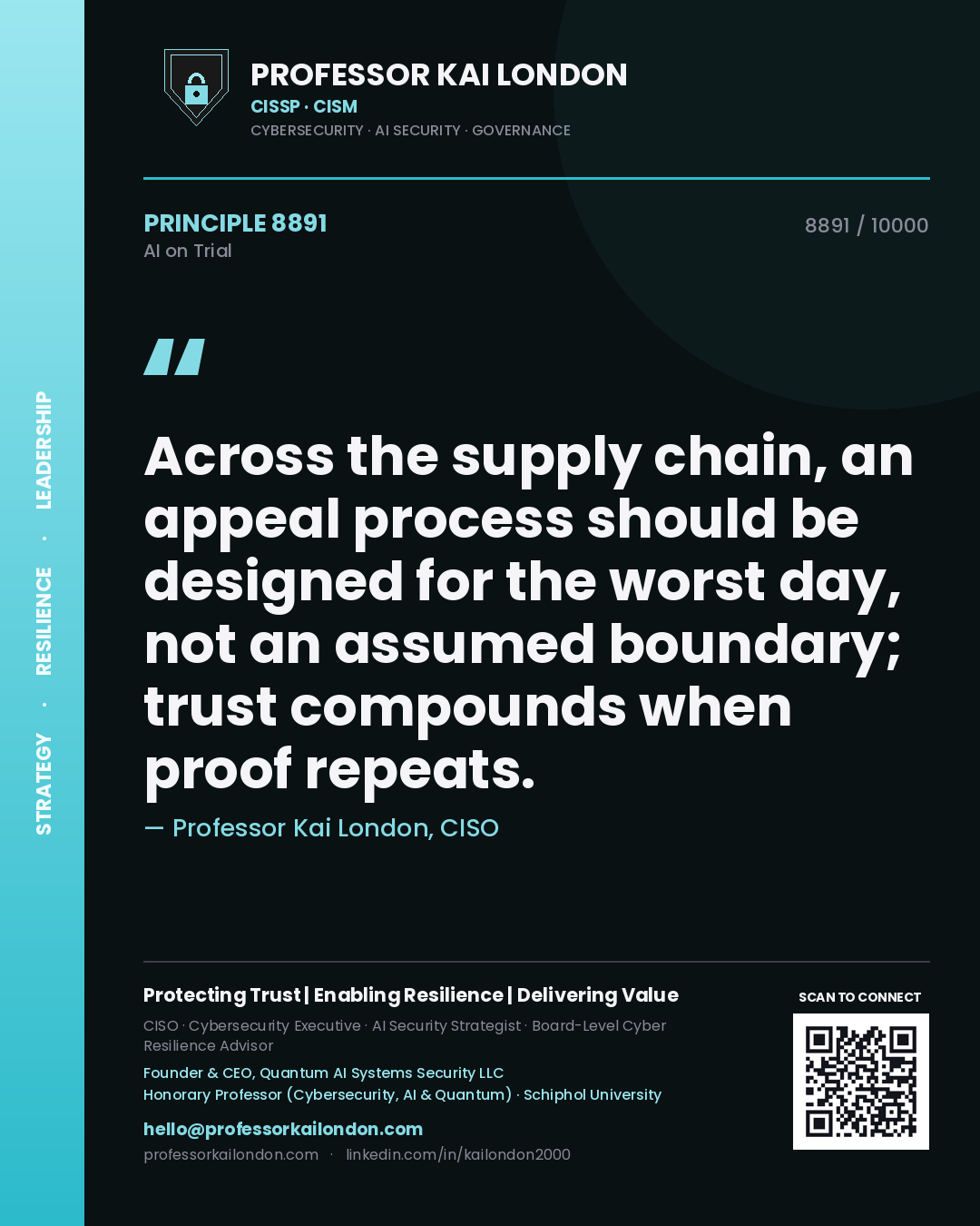 Professor Kai London principle 8891: Across the supply chain, an appeal process should be designed for the worst day, not an assumed boundary; trust compounds when proof repeats.