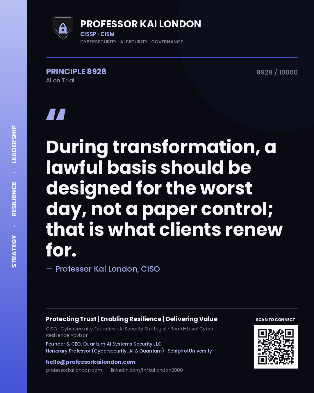 Professor Kai London principle 8928: During transformation, a lawful basis should be designed for the worst day, not a paper control; that is what clients renew for.