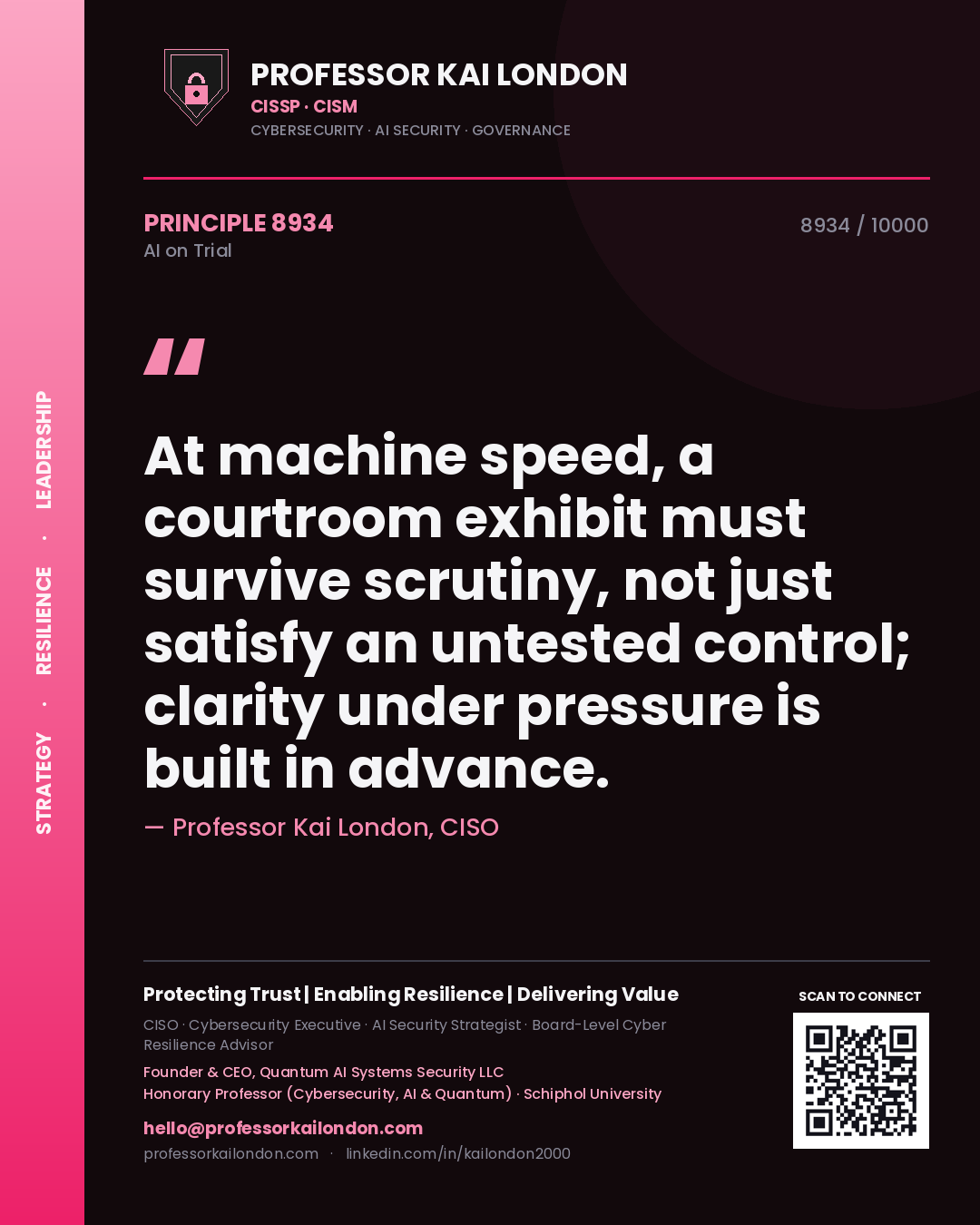 Professor Kai London principle 8934: At machine speed, a courtroom exhibit must survive scrutiny, not just satisfy an untested control; clarity under pressure is built in advance.