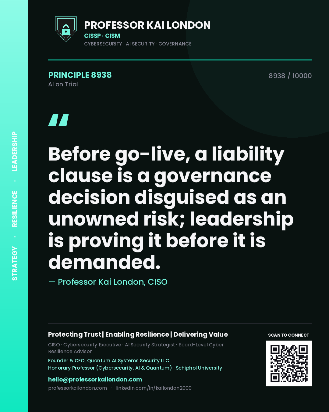 Professor Kai London principle 8938: Before go-live, a liability clause is a governance decision disguised as an unowned risk; leadership is proving it before it is demanded.