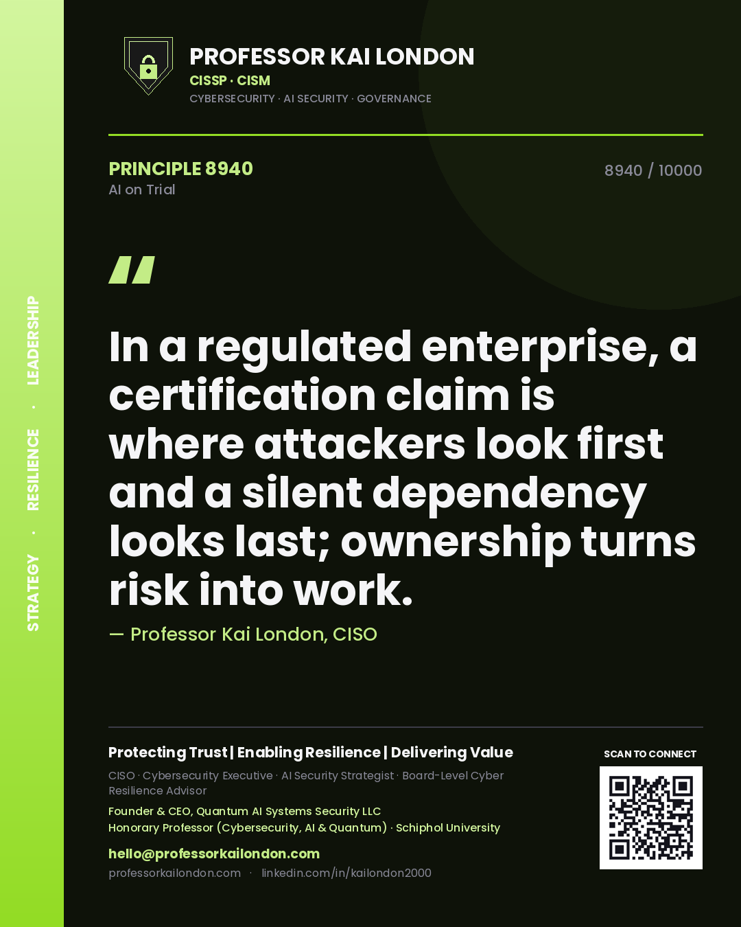 Professor Kai London principle 8940: In a regulated enterprise, a certification claim is where attackers look first and a silent dependency looks last; ownership turns risk into work.