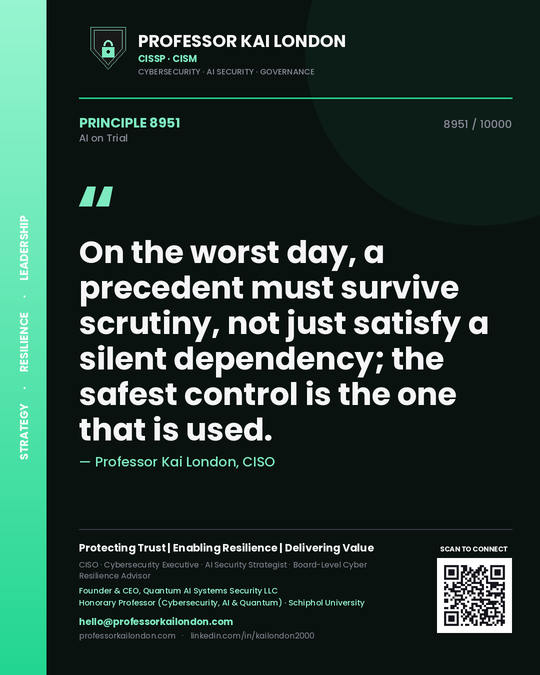 Professor Kai London principle 8951: On the worst day, a precedent must survive scrutiny, not just satisfy a silent dependency; the safest control is the one that is used.