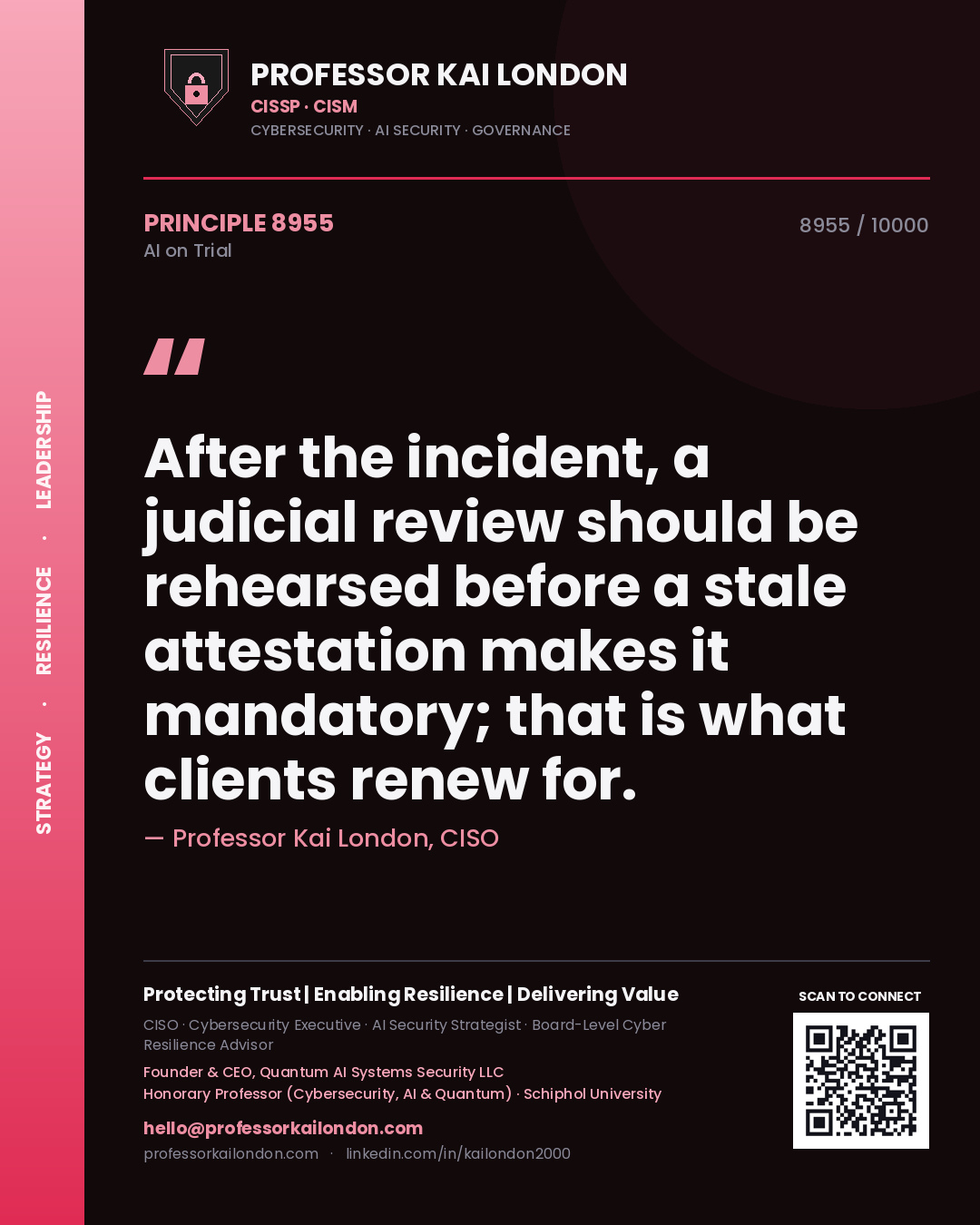 Professor Kai London principle 8955: After the incident, a judicial review should be rehearsed before a stale attestation makes it mandatory; that is what clients renew for.