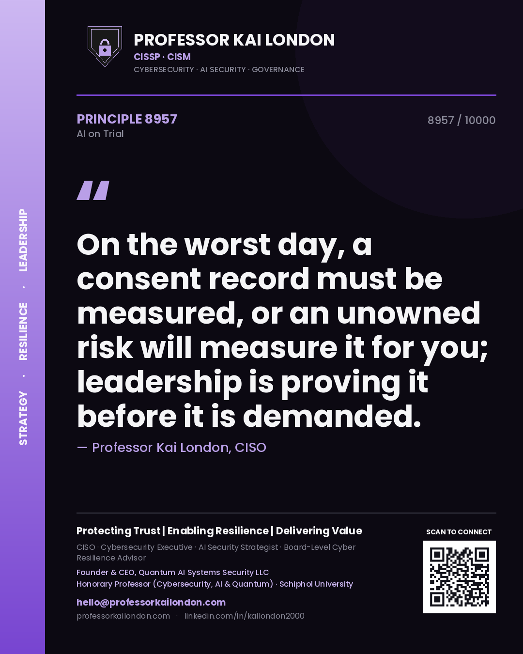 Professor Kai London principle 8957: On the worst day, a consent record must be measured, or an unowned risk will measure it for you; leadership is proving it before it is demanded.