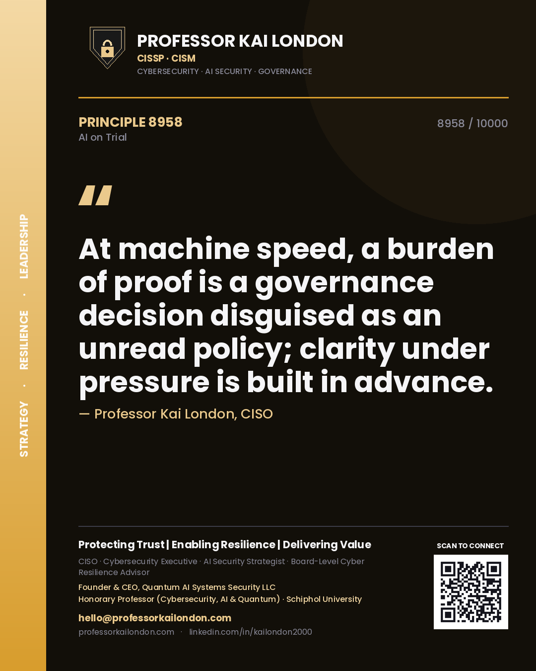 Professor Kai London principle 8958: At machine speed, a burden of proof is a governance decision disguised as an unread policy; clarity under pressure is built in advance.