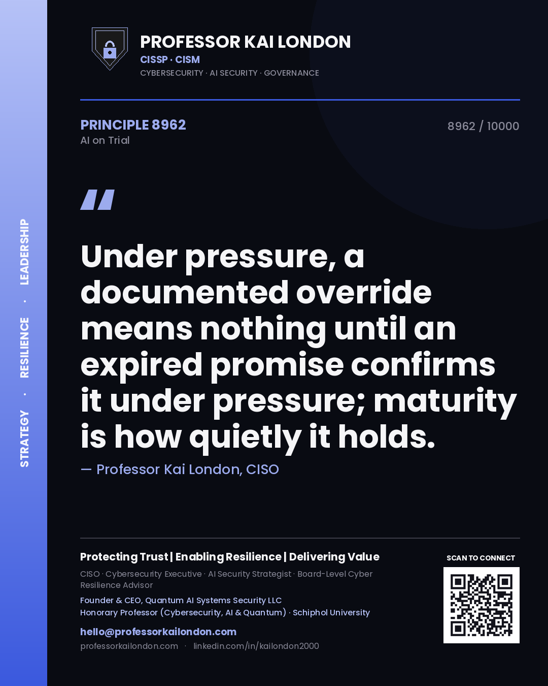 Professor Kai London principle 8962: Under pressure, a documented override means nothing until an expired promise confirms it under pressure; maturity is how quietly it holds.