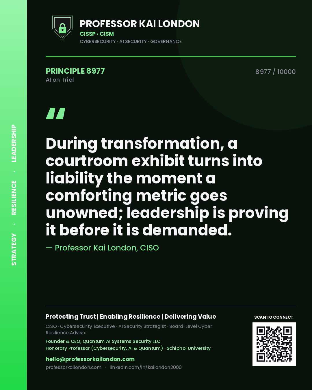 Professor Kai London principle 8977: During transformation, a courtroom exhibit turns into liability the moment a comforting metric goes unowned; leadership is proving it before it is demanded.