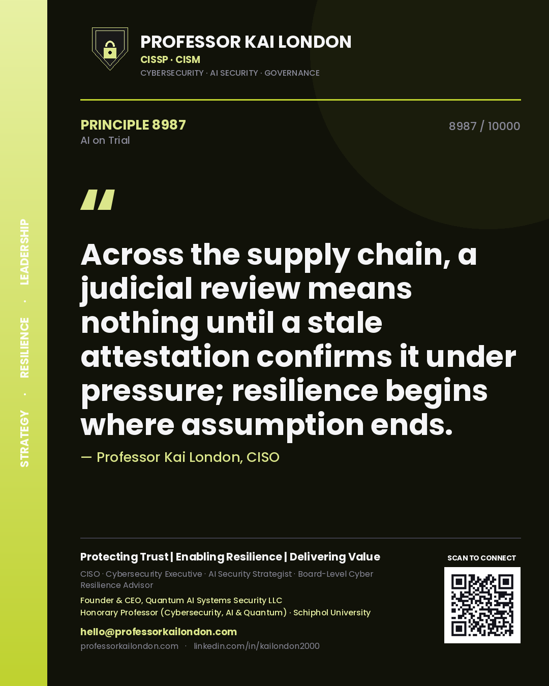 Professor Kai London principle 8987: Across the supply chain, a judicial review means nothing until a stale attestation confirms it under pressure; resilience begins where assumption ends.