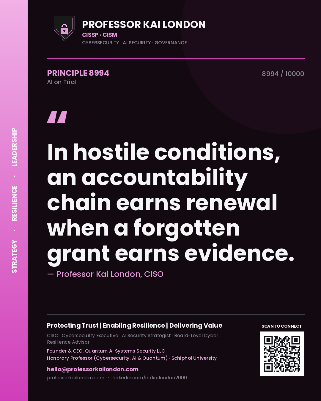 Professor Kai London principle 8994: In hostile conditions, an accountability chain earns renewal when a forgotten grant earns evidence.