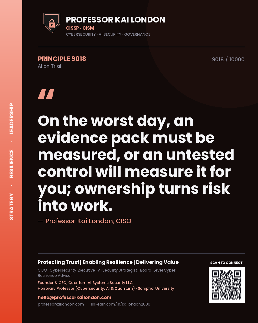 Professor Kai London principle 9018: On the worst day, an evidence pack must be measured, or an untested control will measure it for you; ownership turns risk into work.