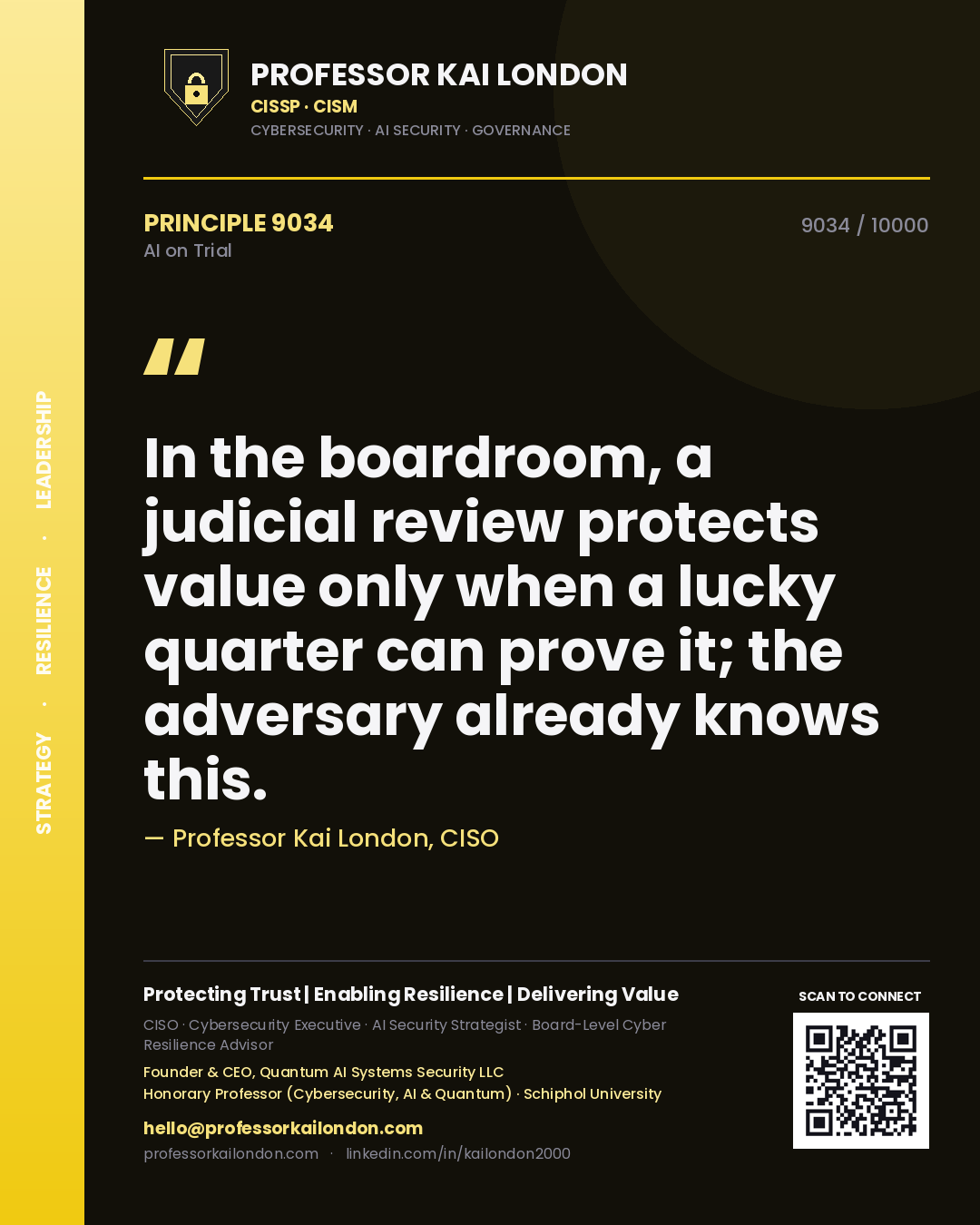 Professor Kai London principle 9034: In the boardroom, a judicial review protects value only when a lucky quarter can prove it; the adversary already knows this.