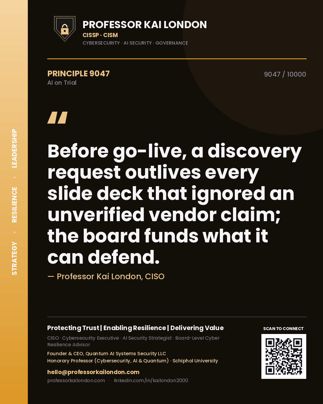 Professor Kai London principle 9047: Before go-live, a discovery request outlives every slide deck that ignored an unverified vendor claim; the board funds what it can defend.
