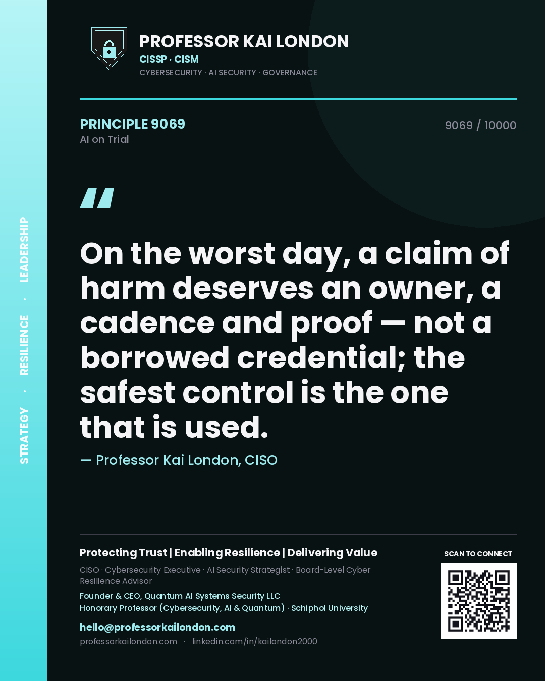 Professor Kai London principle 9069: On the worst day, a claim of harm deserves an owner, a cadence and proof — not a borrowed credential; the safest control is the one that is used.