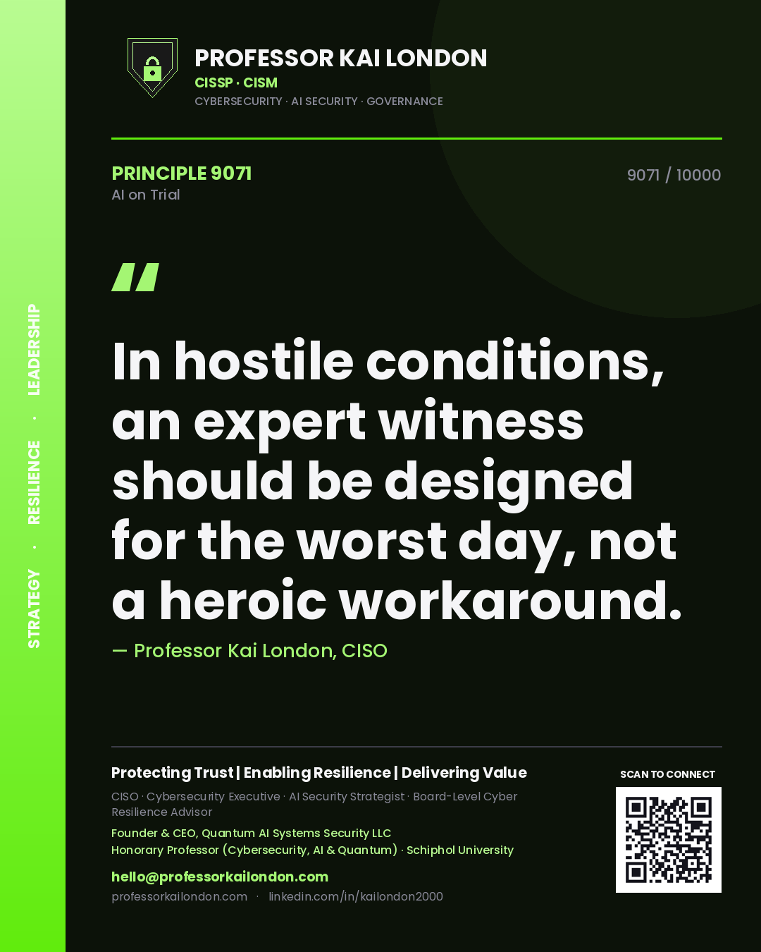 Professor Kai London principle 9071: In hostile conditions, an expert witness should be designed for the worst day, not a heroic workaround.