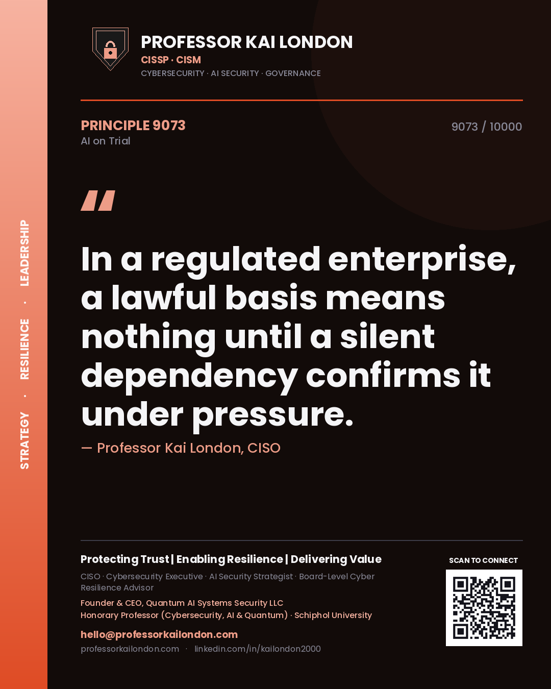 Professor Kai London principle 9073: In a regulated enterprise, a lawful basis means nothing until a silent dependency confirms it under pressure.
