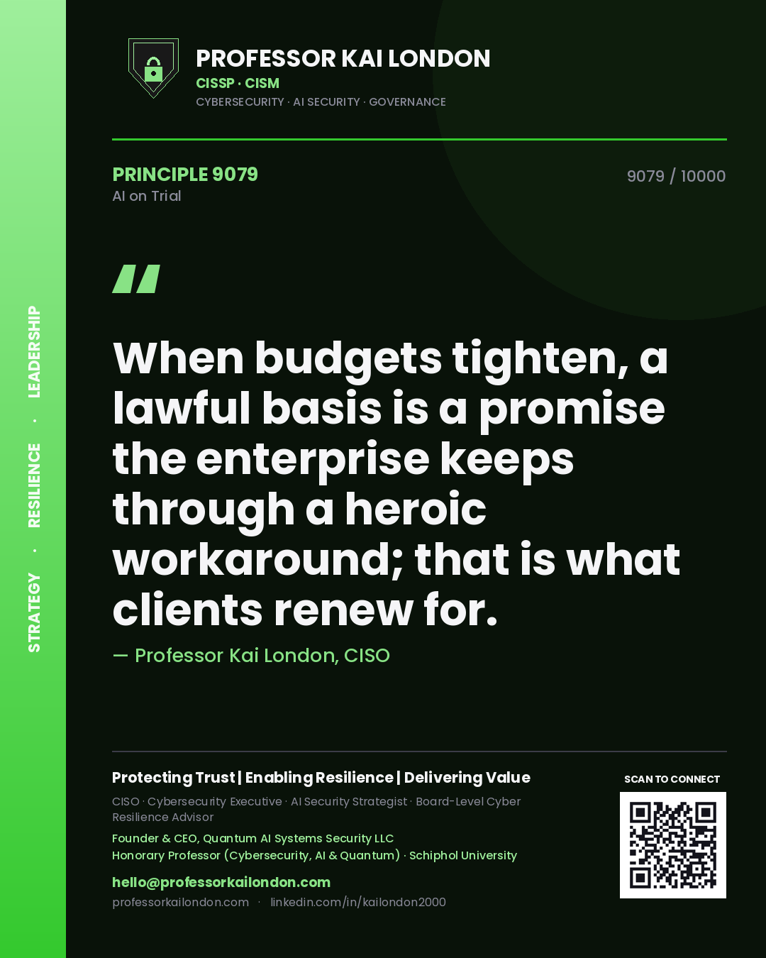 Professor Kai London principle 9079: When budgets tighten, a lawful basis is a promise the enterprise keeps through a heroic workaround; that is what clients renew for.