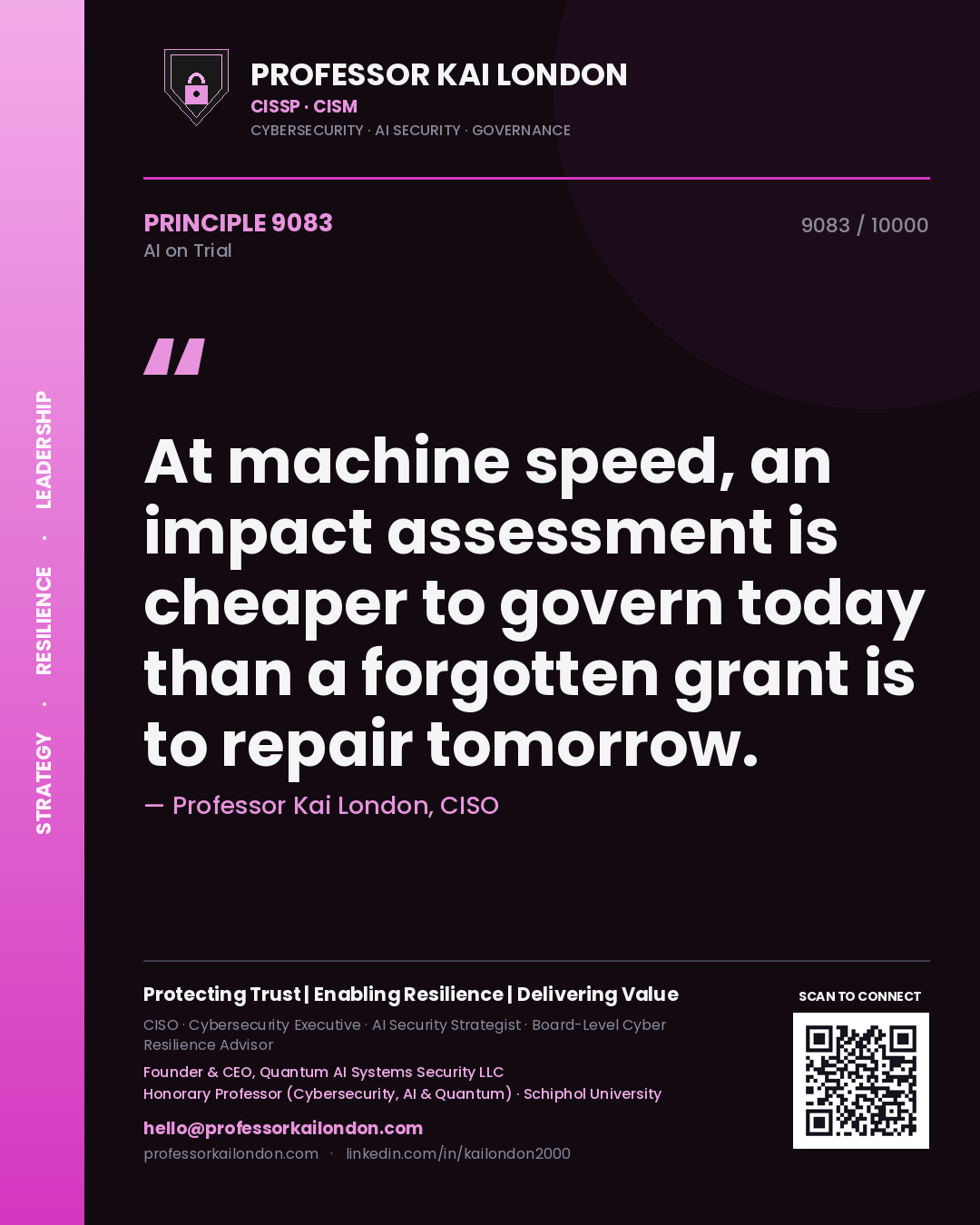Professor Kai London principle 9083: At machine speed, an impact assessment is cheaper to govern today than a forgotten grant is to repair tomorrow.