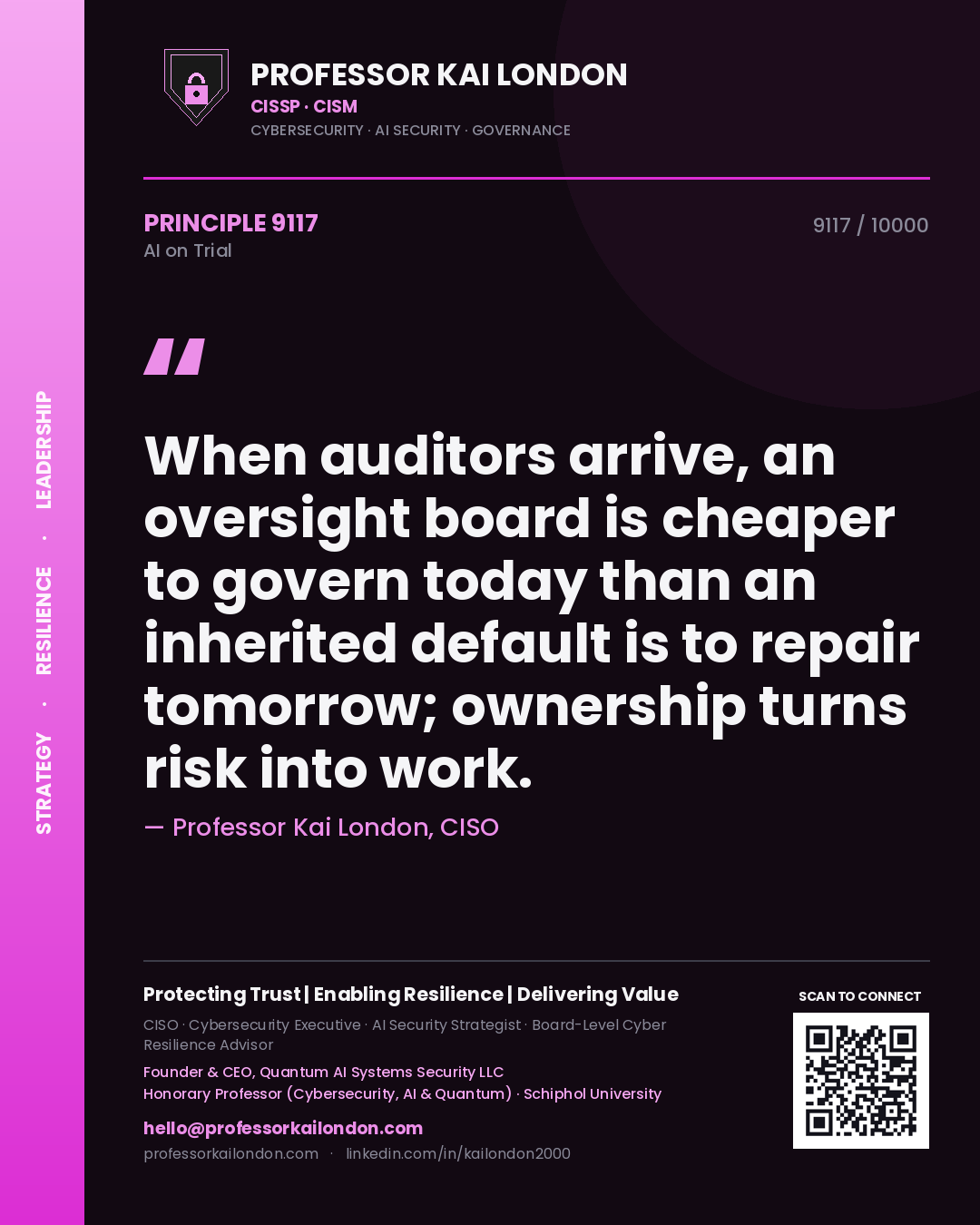 Professor Kai London principle 9117: When auditors arrive, an oversight board is cheaper to govern today than an inherited default is to repair tomorrow; ownership turns risk into work.