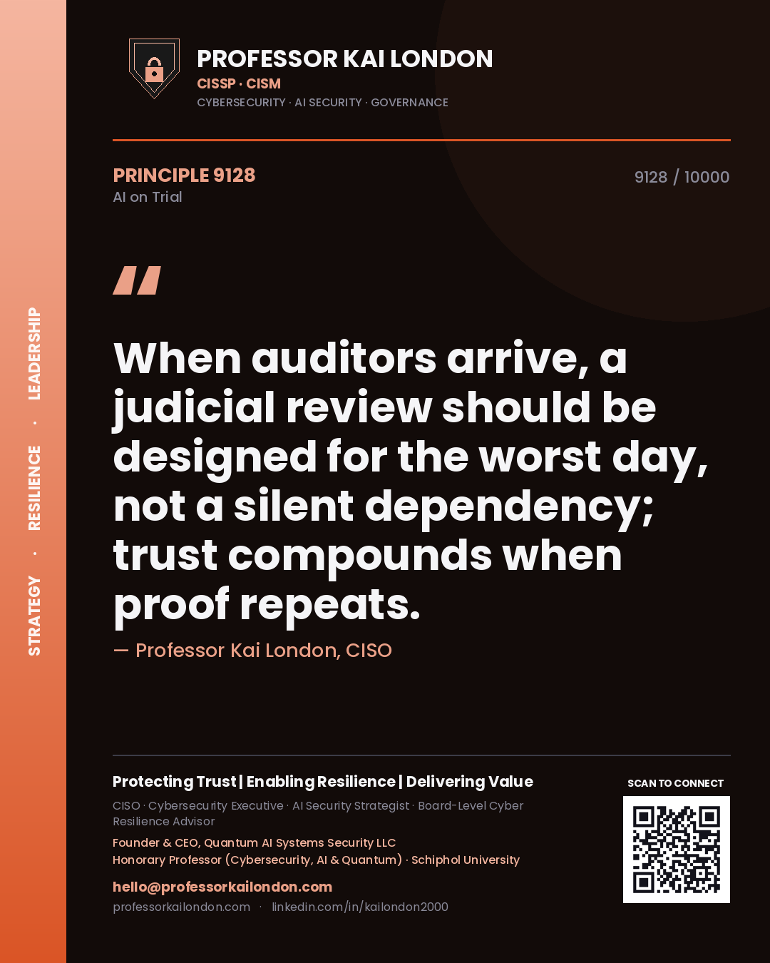 Professor Kai London principle 9128: When auditors arrive, a judicial review should be designed for the worst day, not a silent dependency; trust compounds when proof repeats.